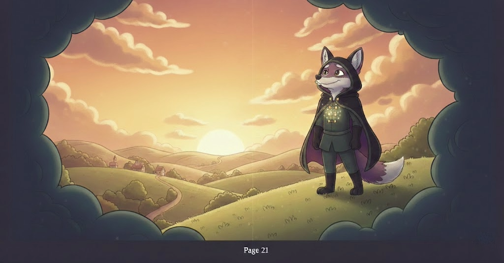Lumo standing tall in his cloak at golden sunset
